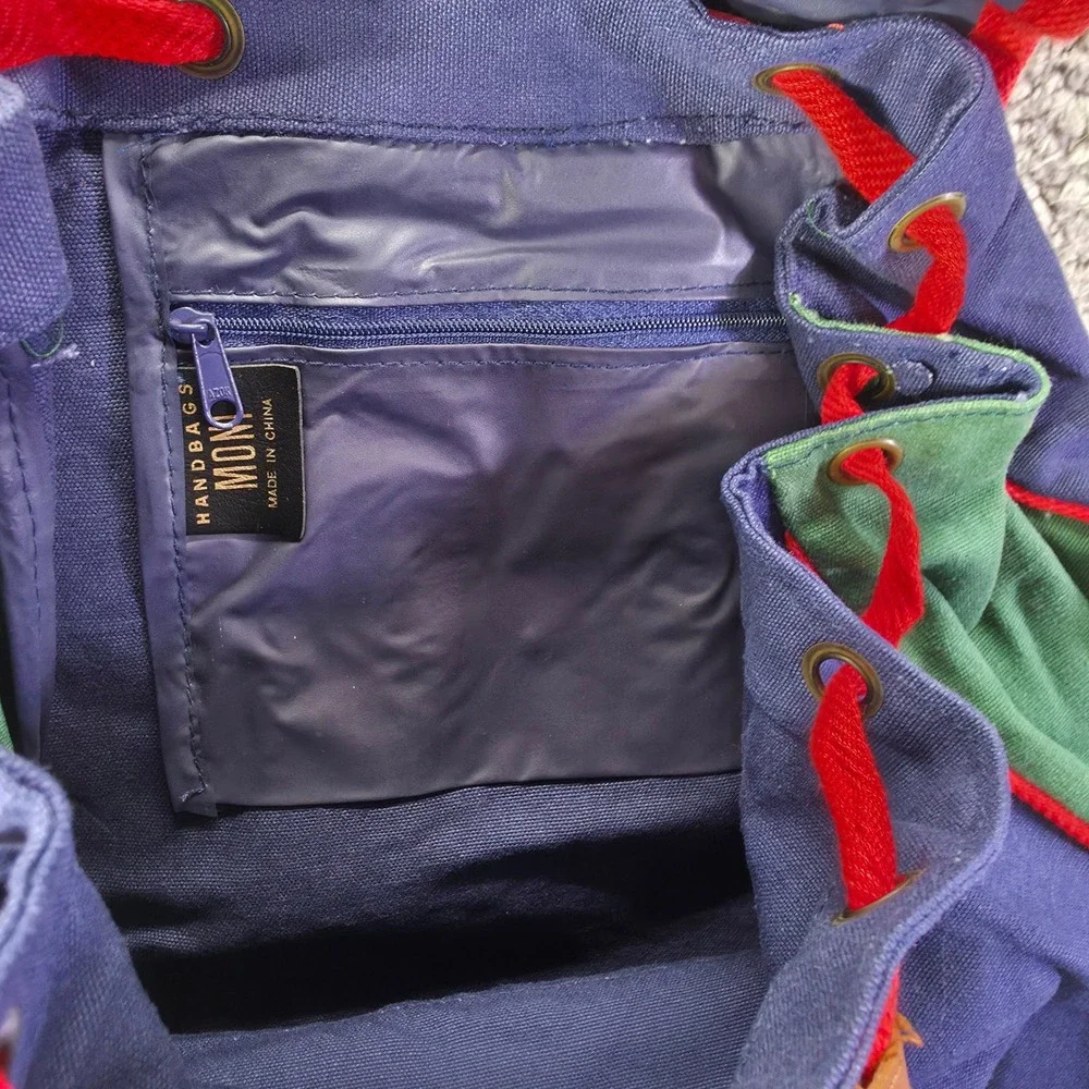 Moni Accessories Vintage Colorblock Canvas Backpack Navy Green Red Striped Strap